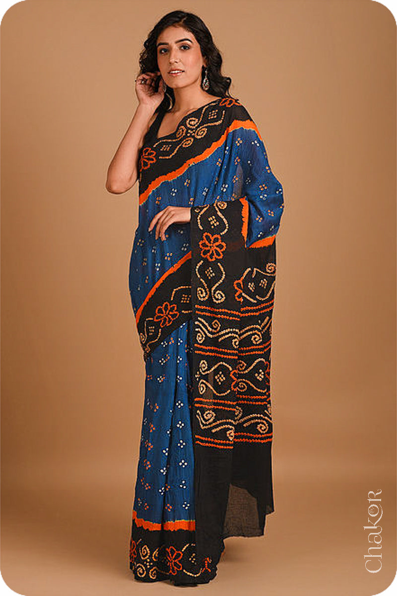 Traditional Indigo Black Bandhani Mul Cotton Saree by Chakor.