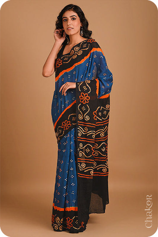 Traditional Indigo Black Bandhani Mul Cotton Saree by Chakor.