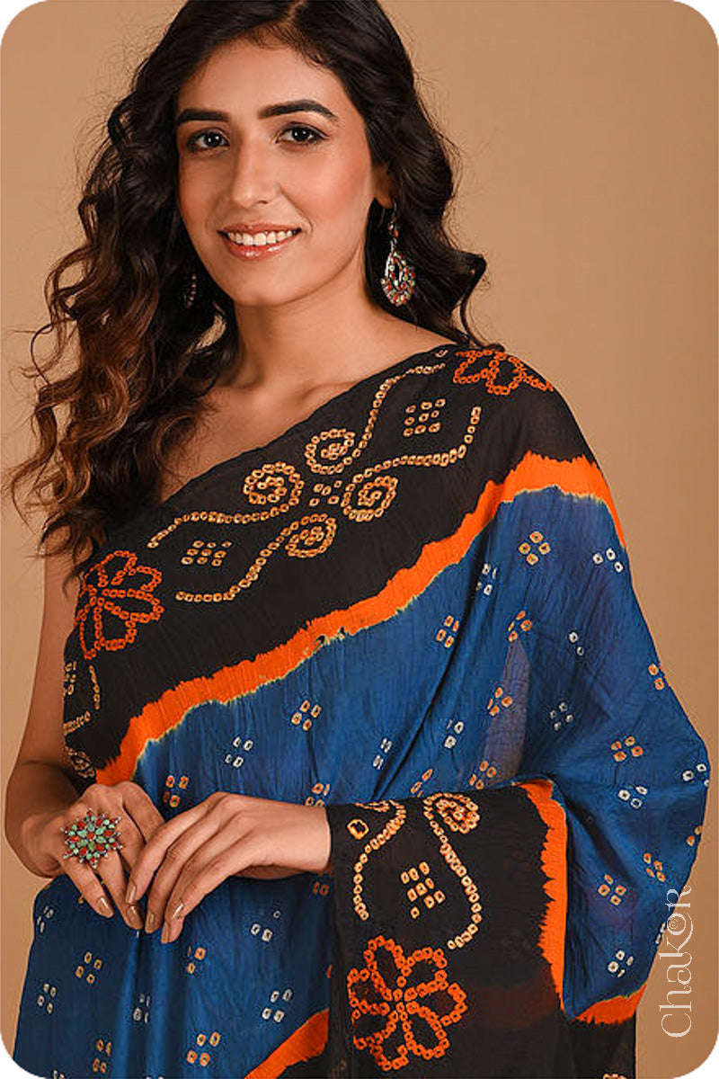 Traditional Indigo Black Bandhani Mul Cotton Saree by Chakor.