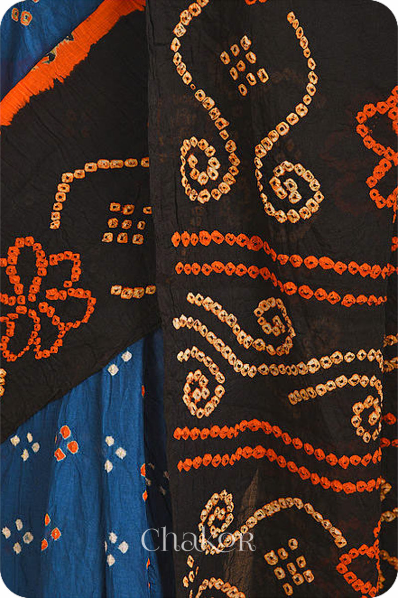 Traditional Indigo Black Bandhani Mul Cotton Saree by Chakor.