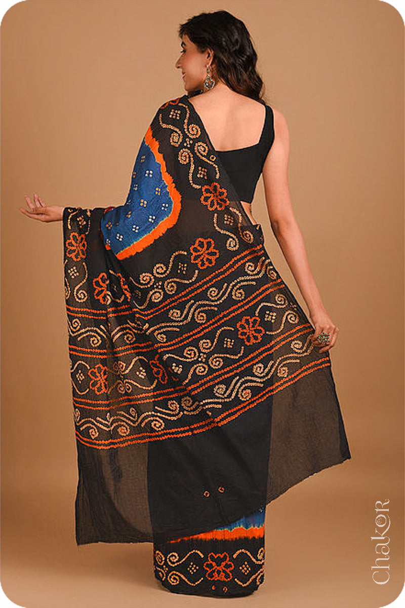 Traditional Indigo Black Bandhani Mul Cotton Saree by Chakor.