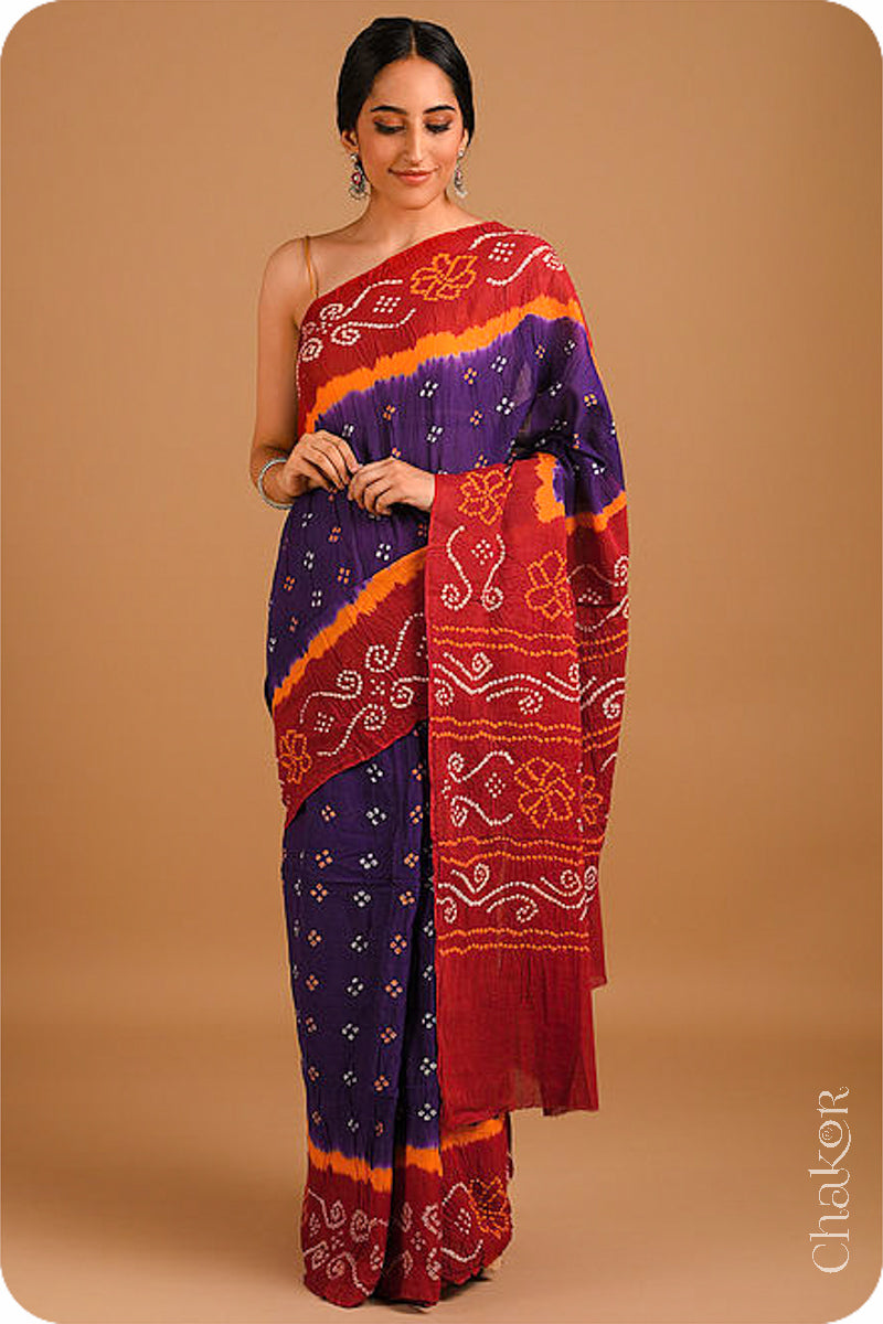 Traditional Purple Red Bandhani Cotton Mul Saree by Chakor.