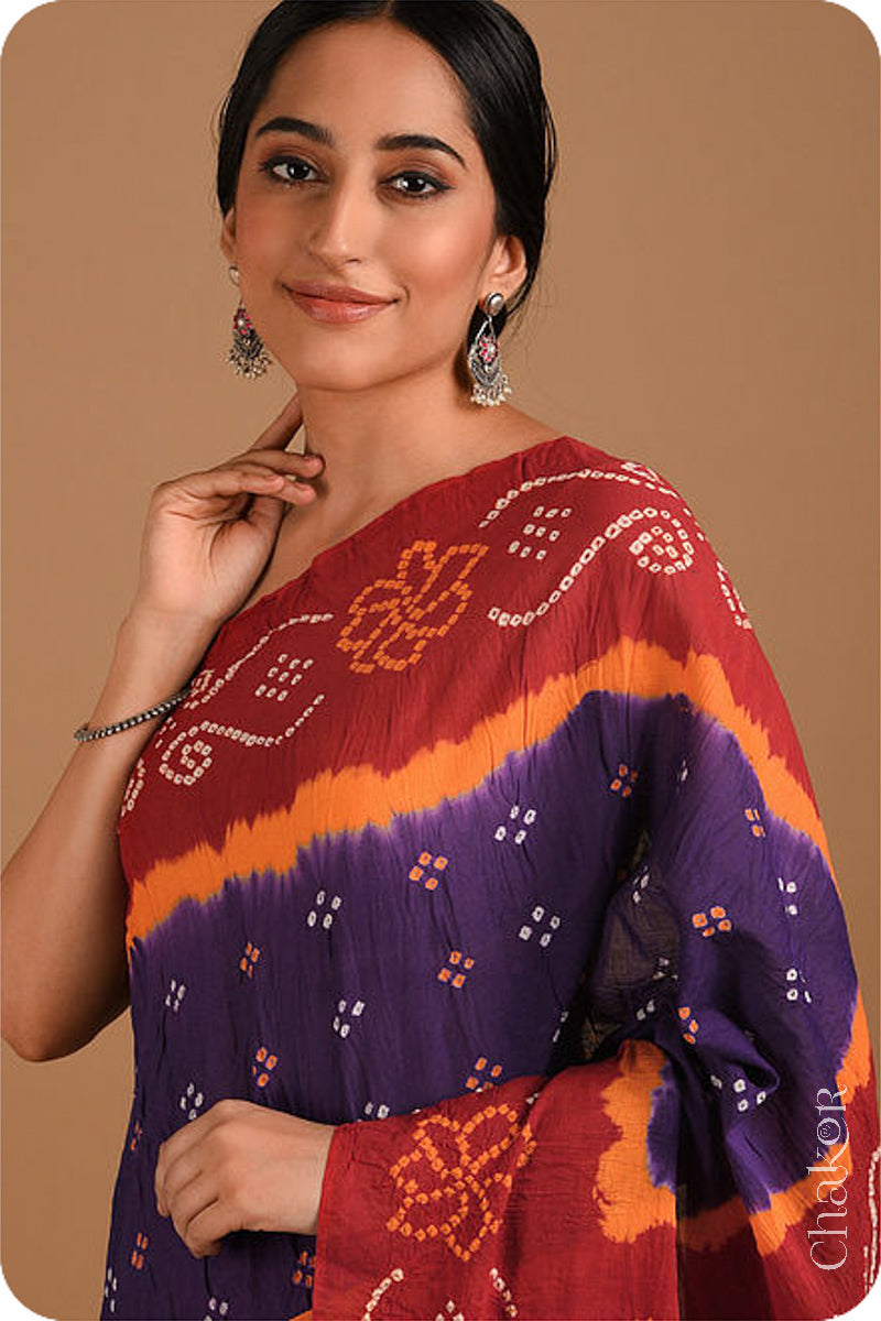 Traditional Purple Red Bandhani Cotton Mul Saree by Chakor.