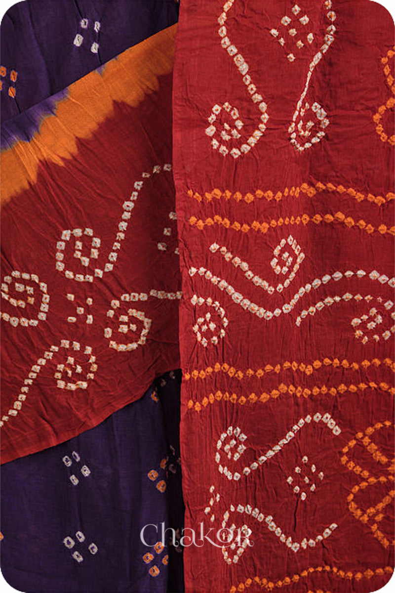 Traditional Purple Red Bandhani Cotton Mul Saree by Chakor.