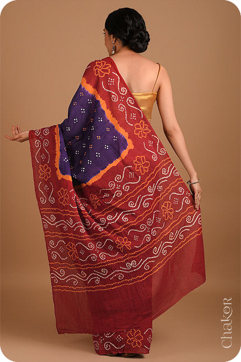 Traditional Purple Red Bandhani Cotton Mul Saree by Chakor.