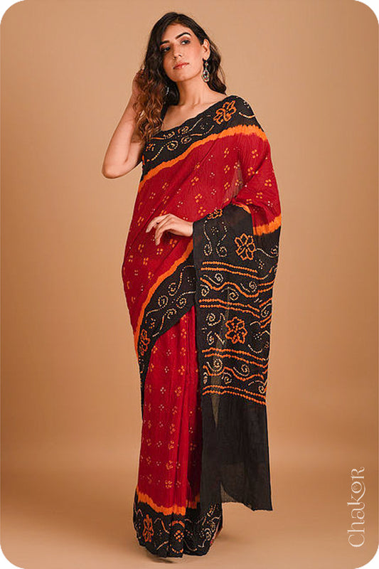 Traditional Red Black Bandhani Mul Cotton Saree by Chakor.