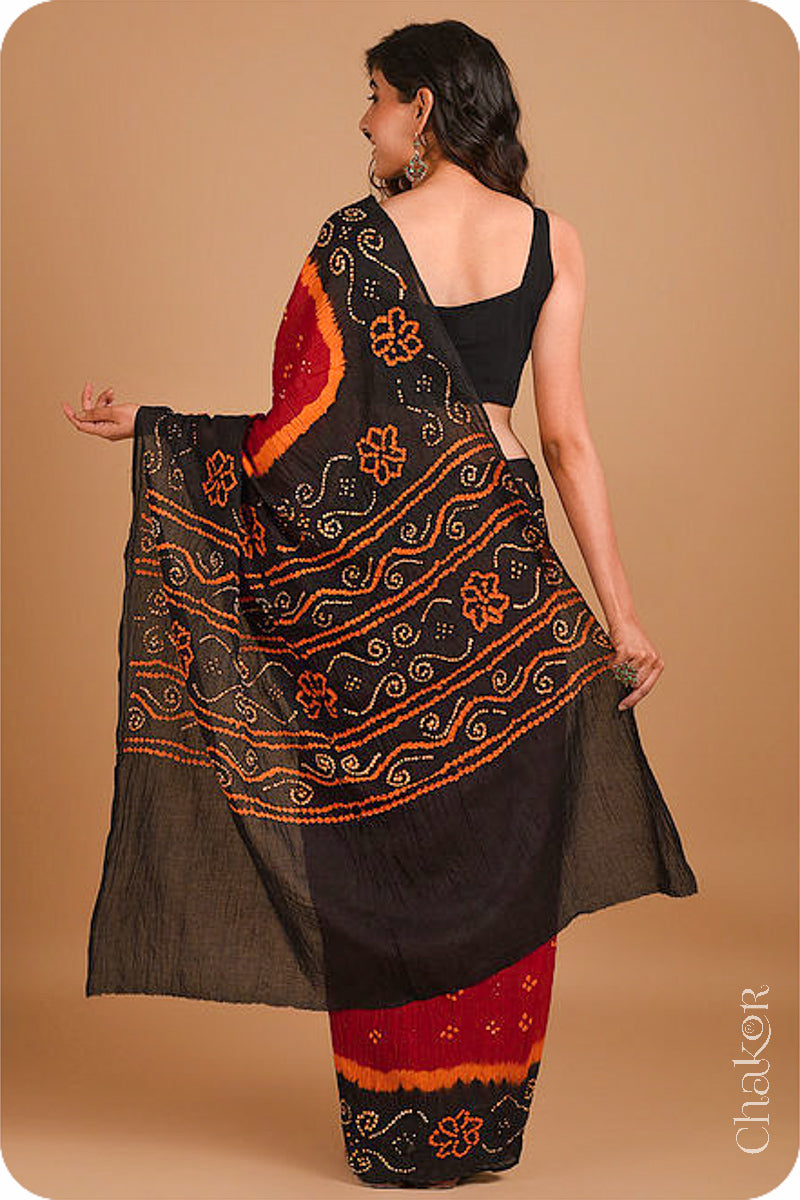 Traditional Red Black Bandhani Mul Cotton Saree by Chakor.