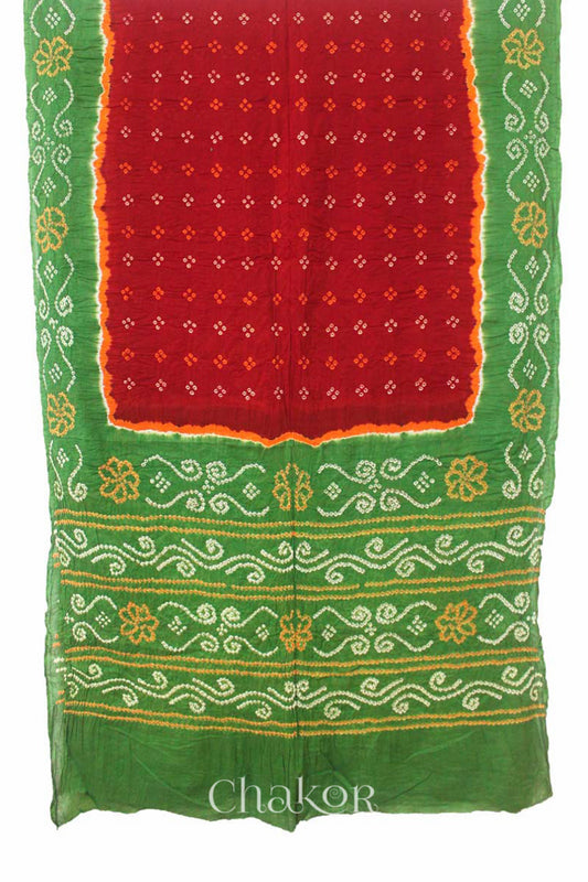 Traditional Red Mehendi Green Bandhani Mul Cotton Saree by Chakor.