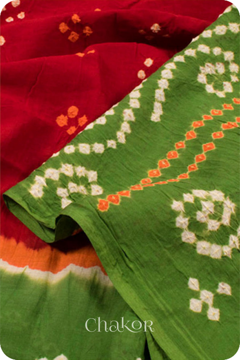 Traditional Red Mehendi Green Bandhani Mul Cotton Saree by Chakor.