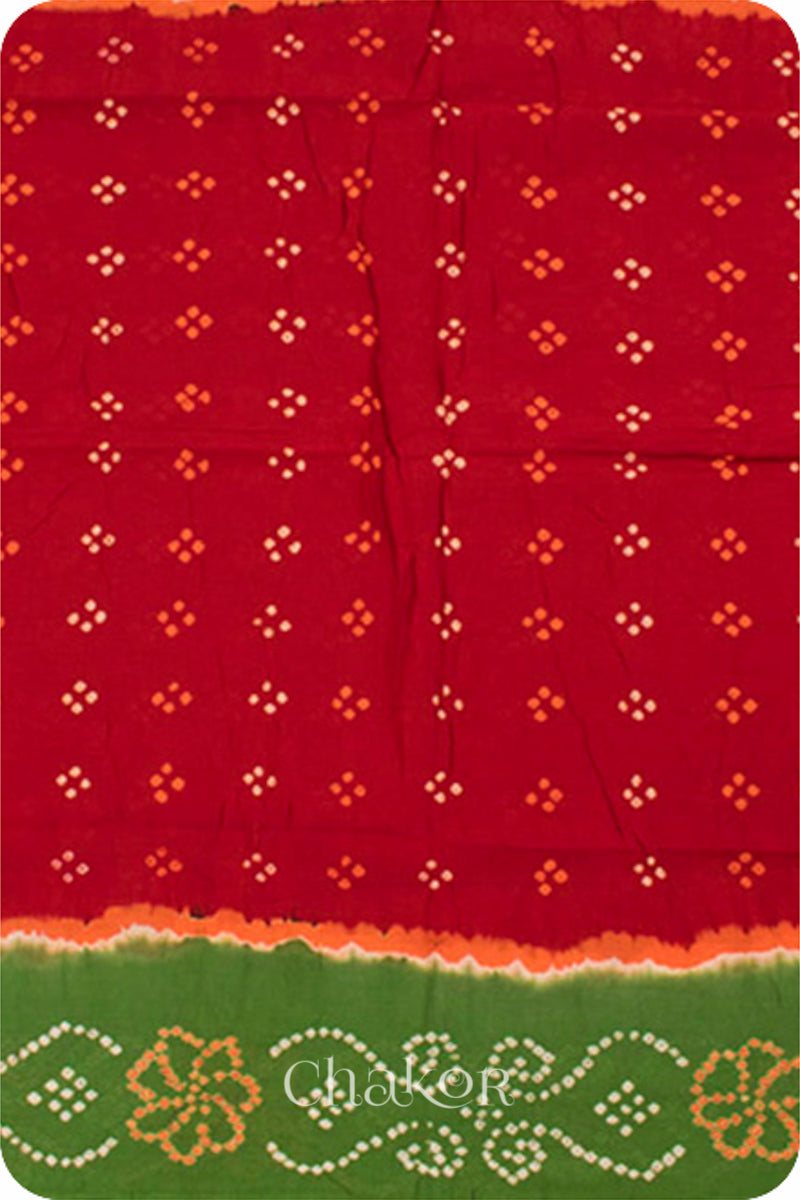 Traditional Red Mehendi Green Bandhani Mul Cotton Saree by Chakor.