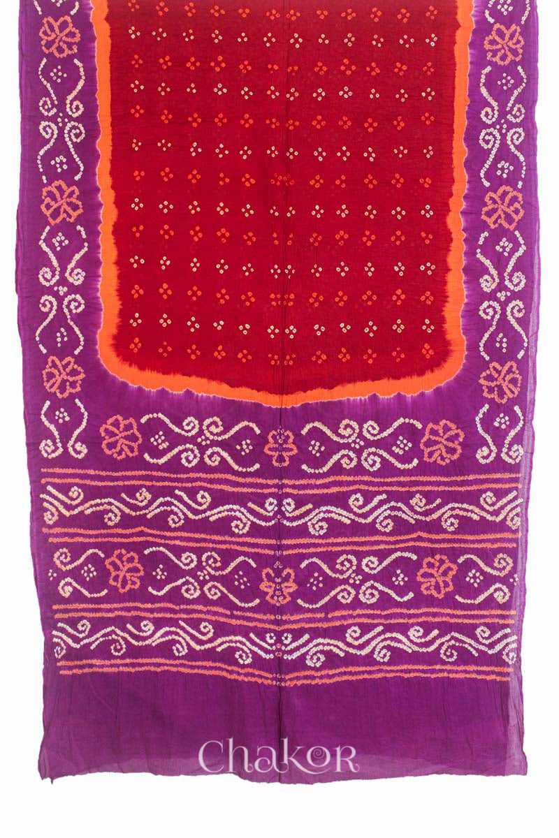 Traditional Red Magenta Bandhani Mul Cotton Saree by Chakor.