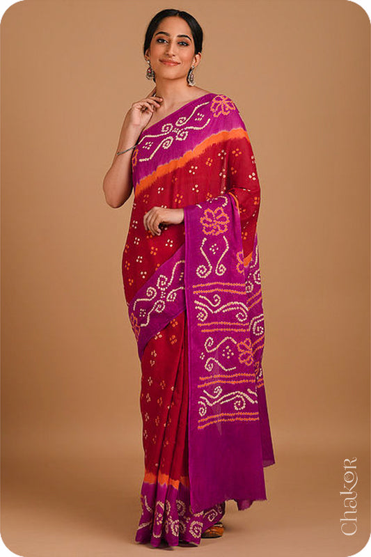 Traditional Red Magenta Bandhani Mul Cotton Saree by Chakor.