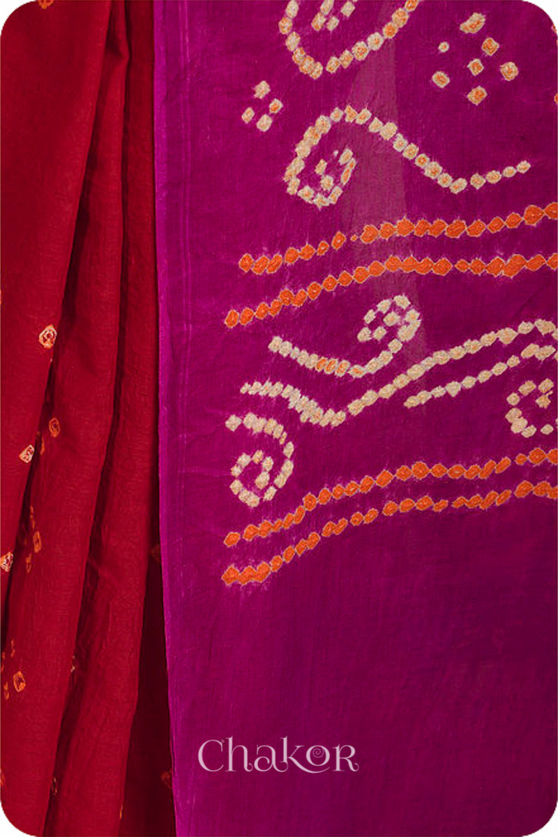 Traditional Red Magenta Bandhani Mul Cotton Saree by Chakor.