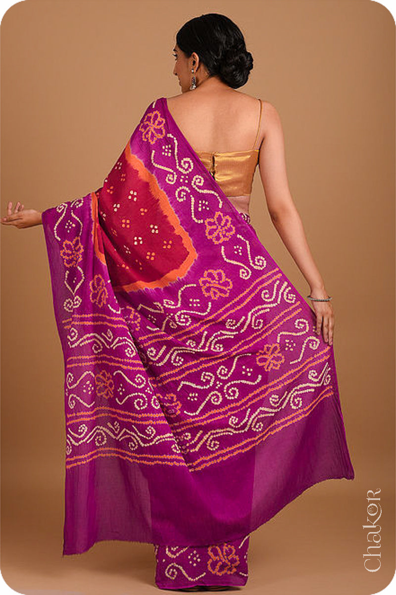 Traditional Red Magenta Bandhani Mul Cotton Saree by Chakor.