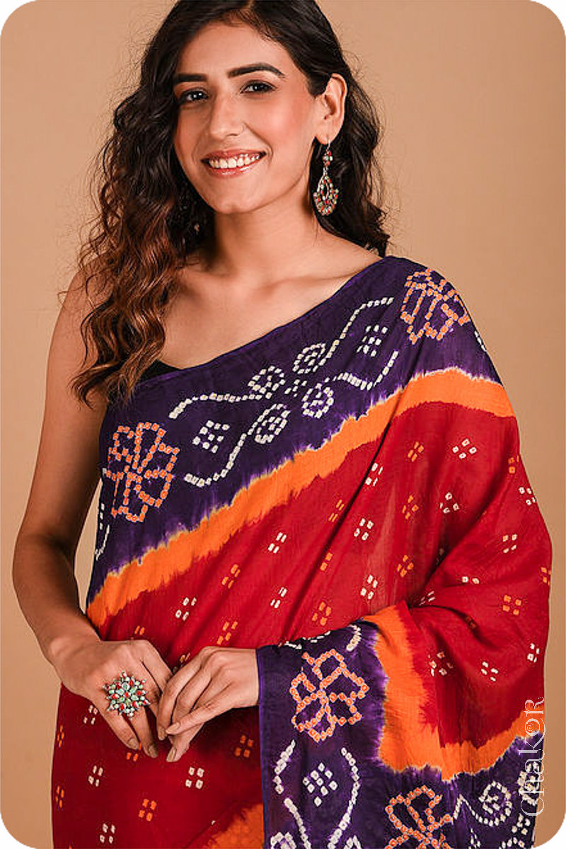 Traditional Red Purple Bandhani Mul Cotton Saree by Chakor.