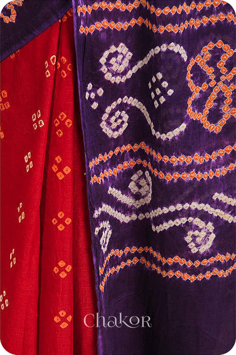 Traditional Red Purple Bandhani Mul Cotton Saree by Chakor.