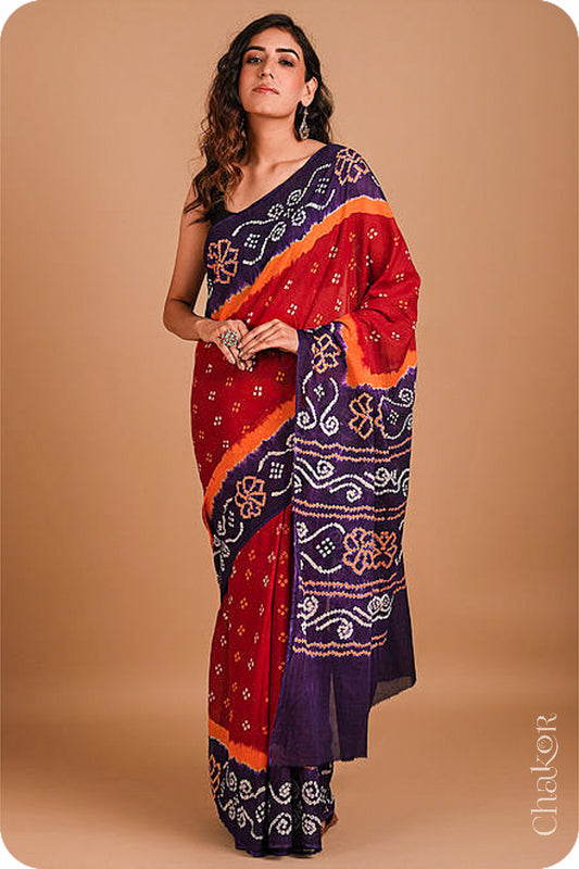 Traditional Red Purple Bandhani Mul Cotton Saree by Chakor.