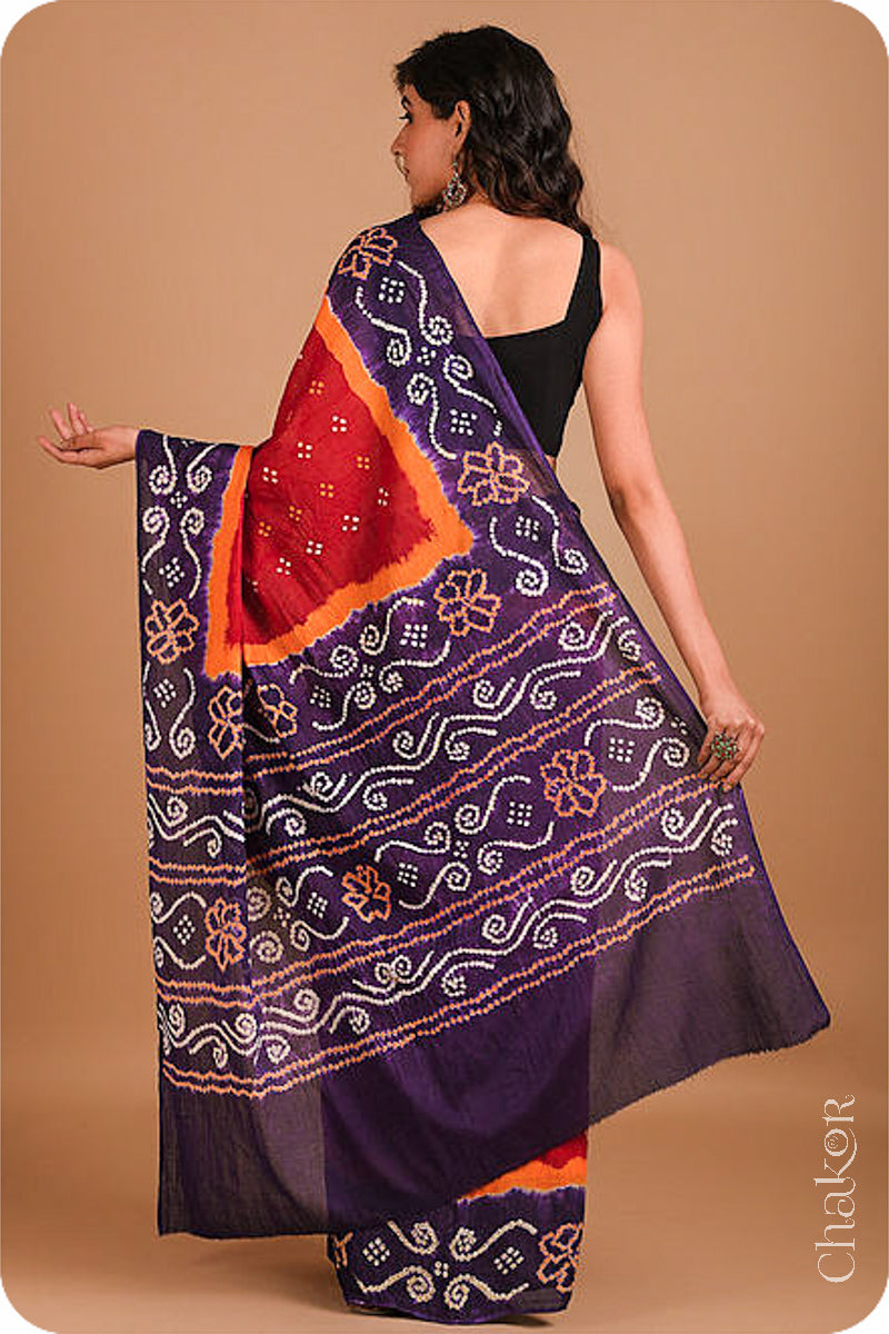 Traditional Red Purple Bandhani Mul Cotton Saree by Chakor.