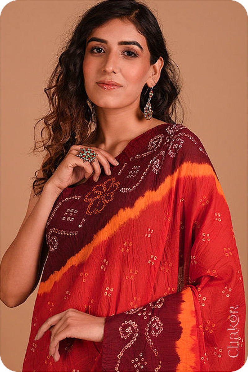 Traditional Red Maroon Bandhani Cotton Saree by Chakor.