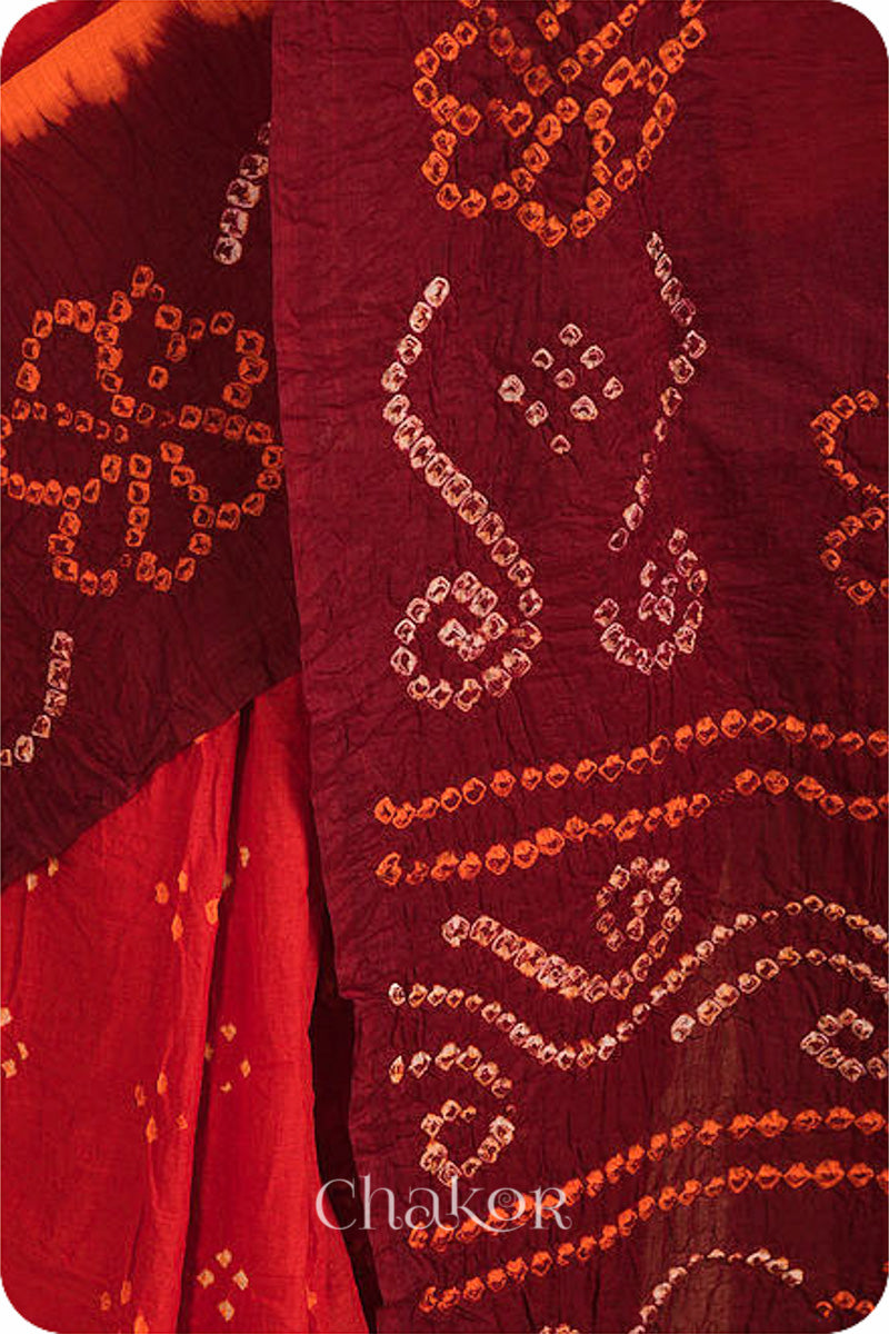 Traditional Red Maroon Bandhani Cotton Saree by Chakor.