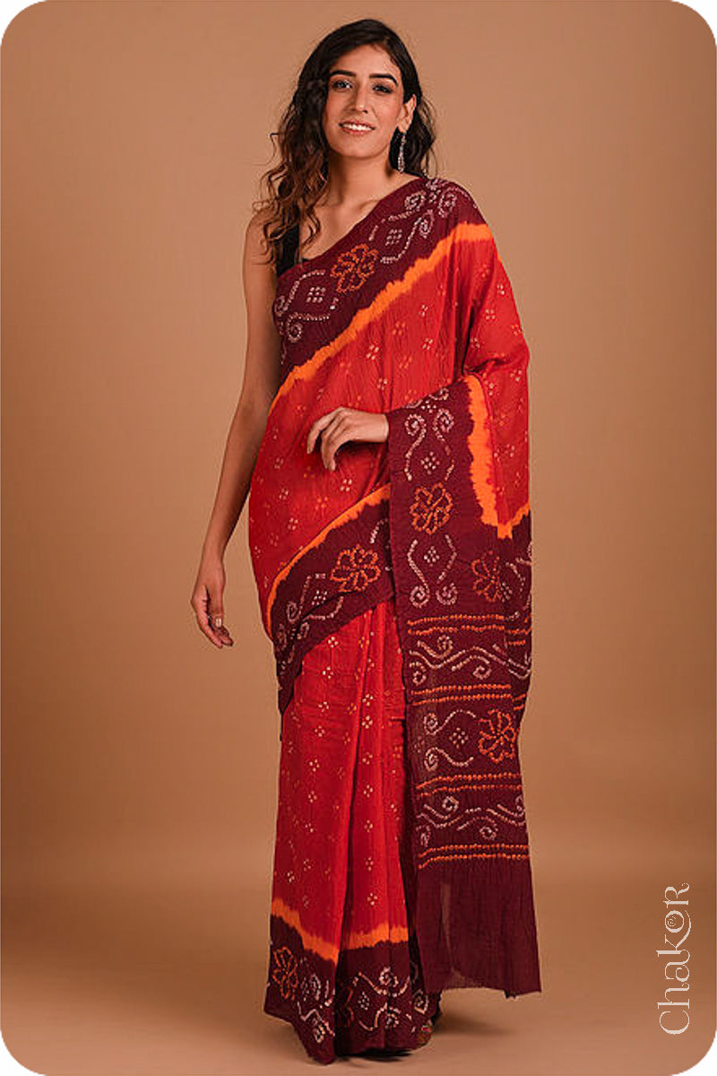 Traditional Red Maroon Bandhani Cotton Saree by Chakor.