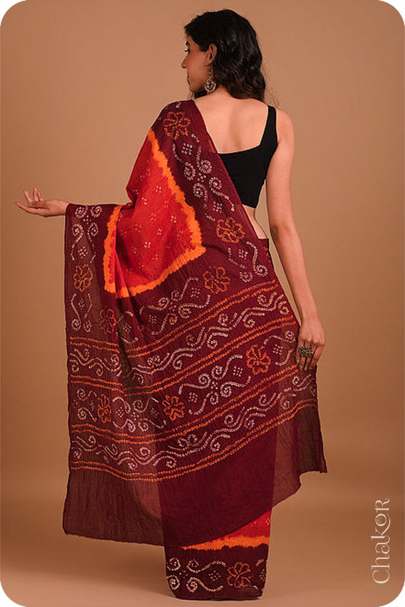 Traditional Red Maroon Bandhani Cotton Saree by Chakor.