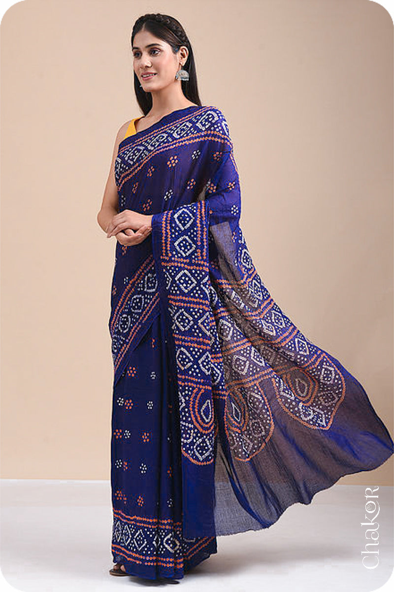 Traditional Navy Bandhani Mul Cotton Saree by Chakor.