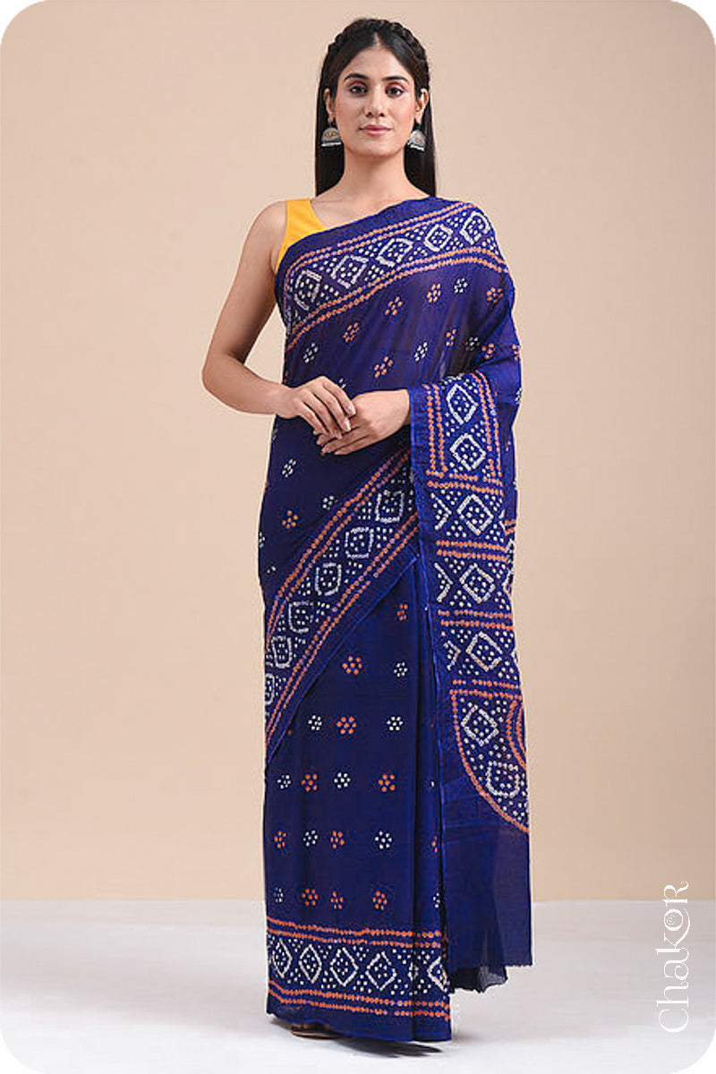 Traditional Navy Bandhani Mul Cotton Saree by Chakor.