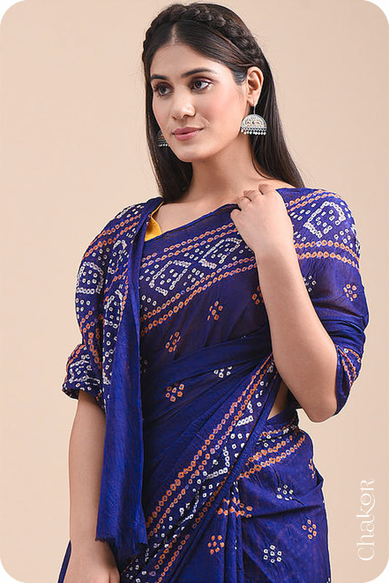 Traditional Navy Bandhani Mul Cotton Saree by Chakor.