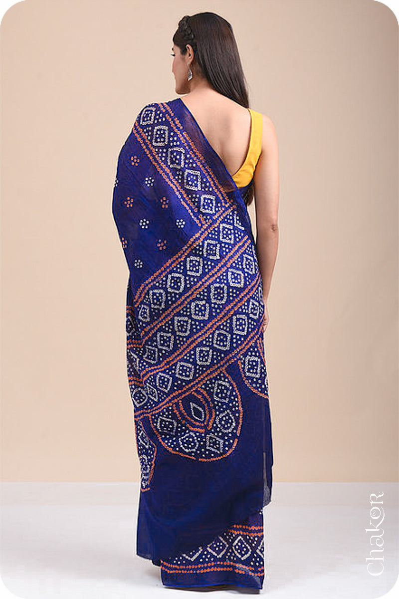 Traditional Navy Bandhani Mul Cotton Saree by Chakor.