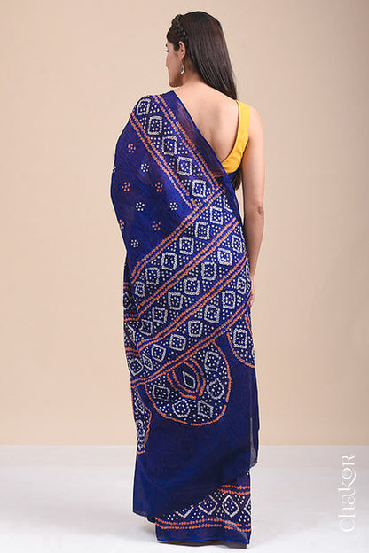 Traditional Navy Bandhani Mul Cotton Saree by Chakor.