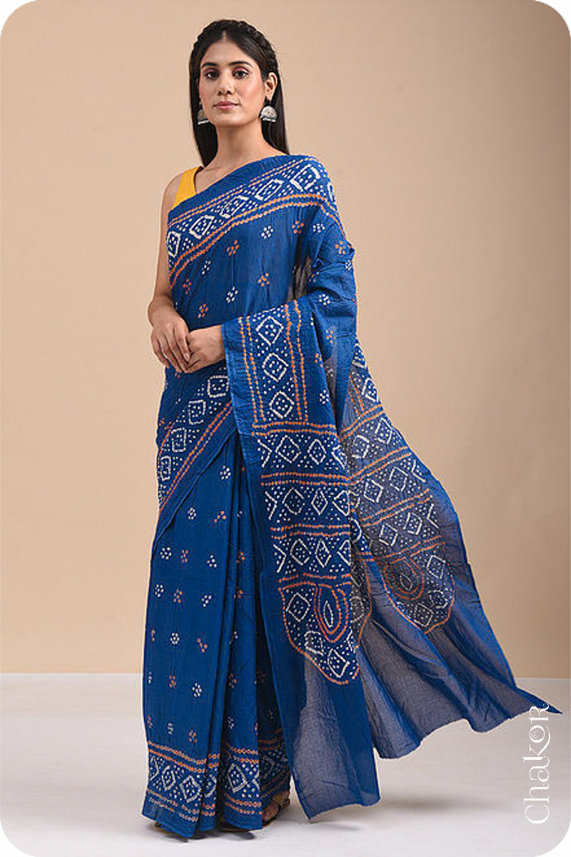 Traditional Indigo Bandhani Mul Cotton Saree by Chakor.