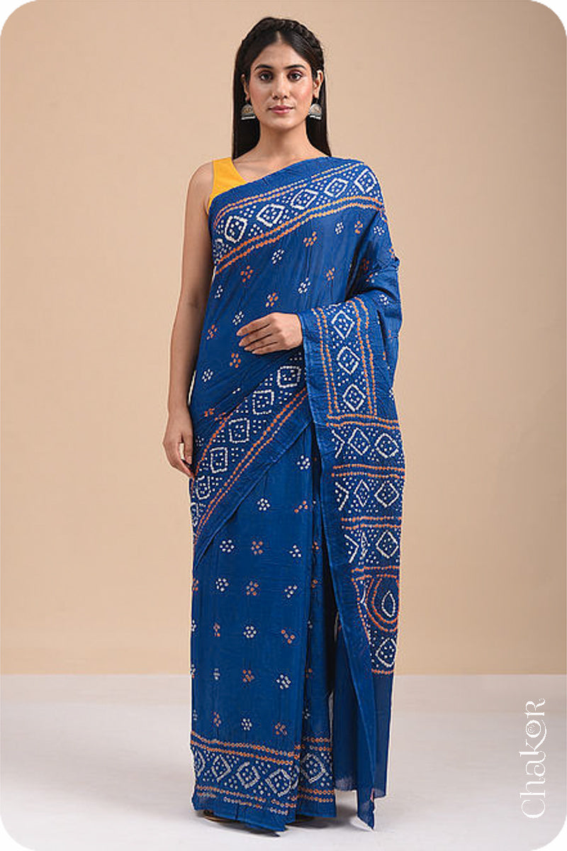 Traditional Indigo Bandhani Mul Cotton Saree by Chakor.