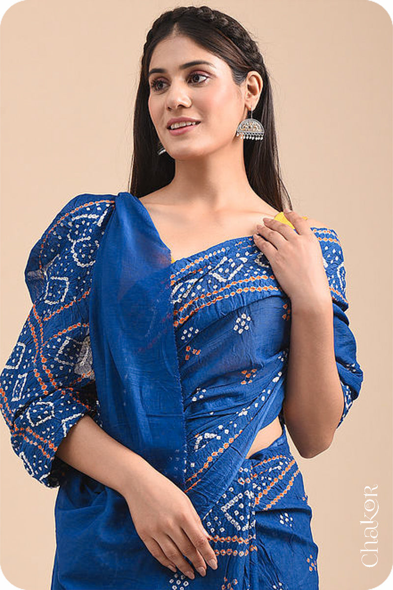 Traditional Indigo Bandhani Mul Cotton Saree by Chakor.