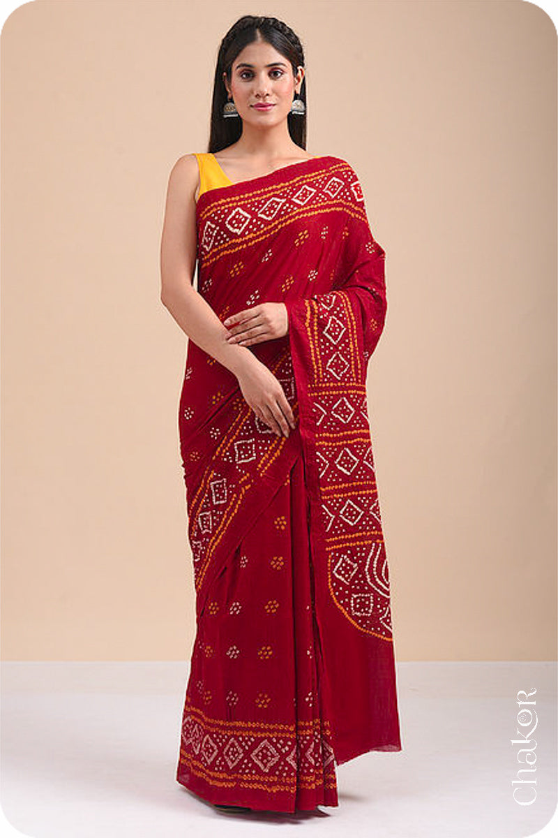 Traditional Red Bandhani Mul Cotton Saree by Chakor.