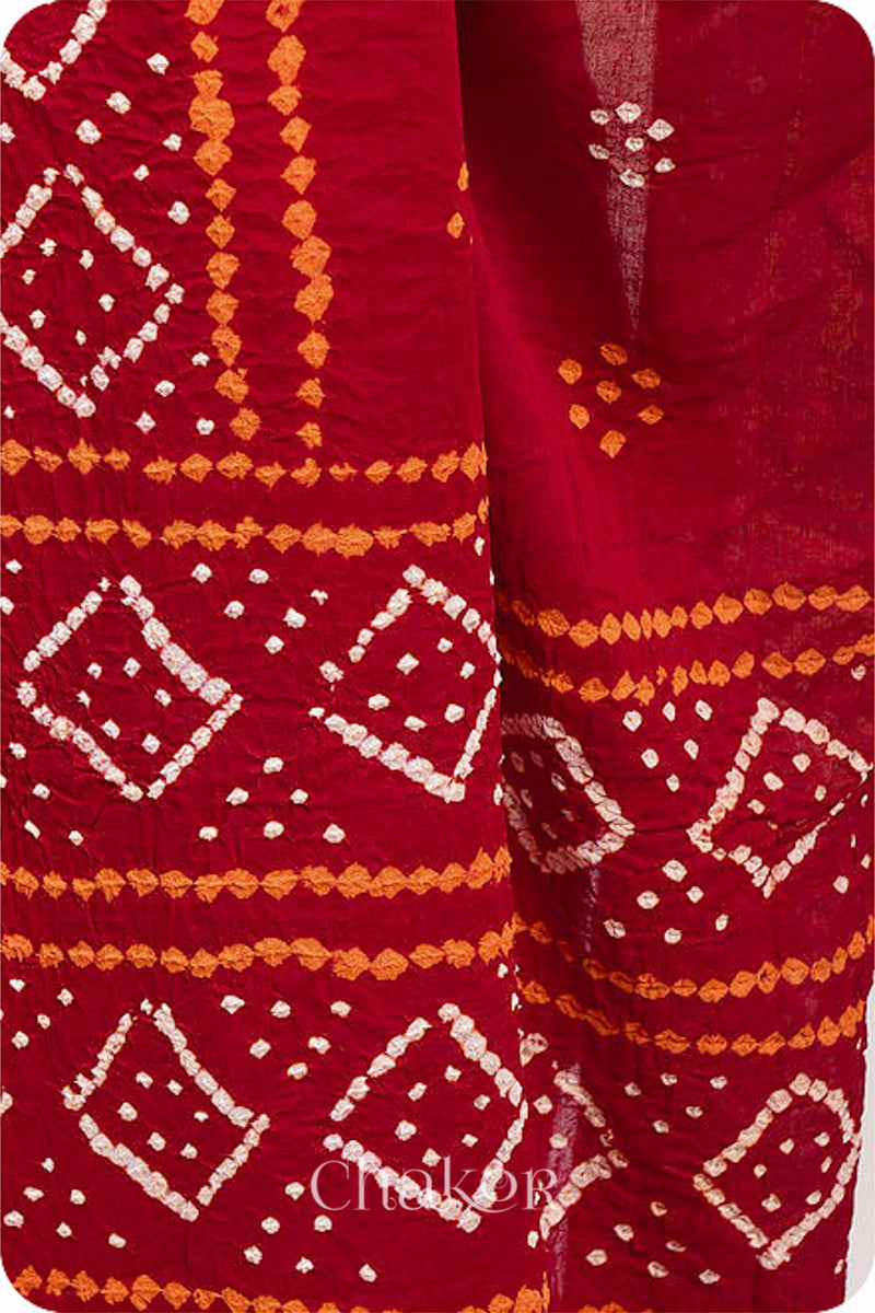 Traditional Red Bandhani Mul Cotton Saree by Chakor.