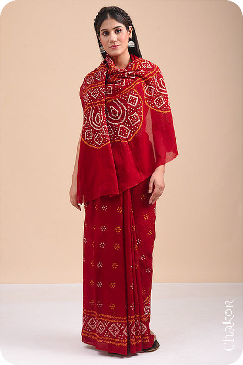 Traditional Red Bandhani Mul Cotton Saree by Chakor.