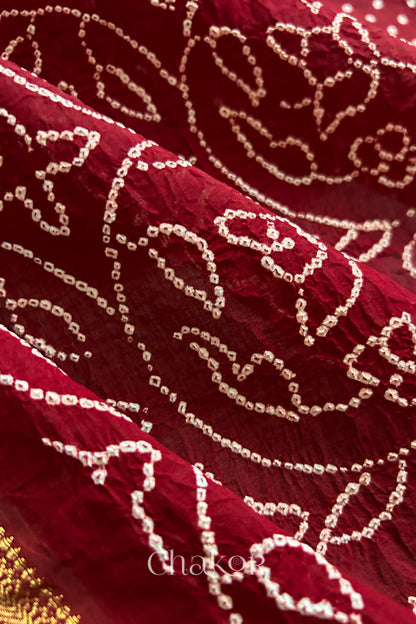 Close-up of red saree with rai bandhej showcasing intricate tie-dye craftsmanship and fabric texture.
