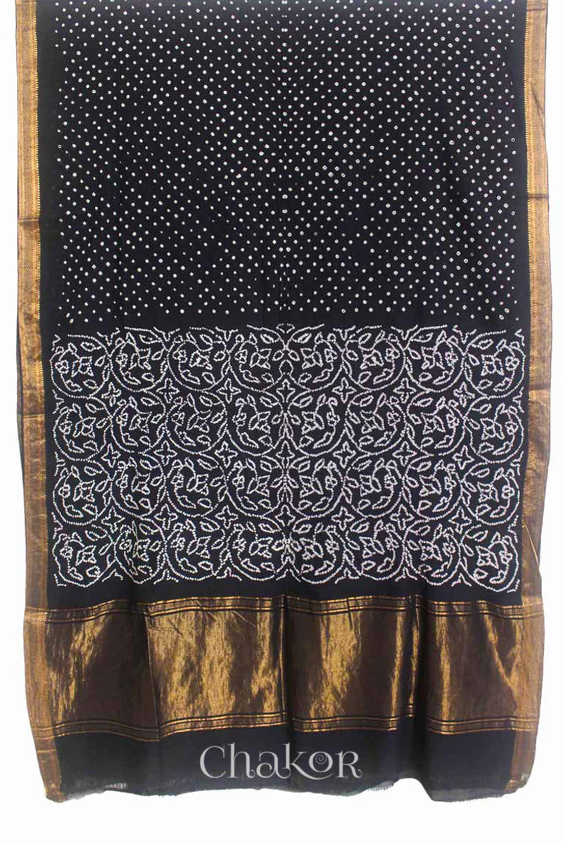 Black Traditional Bandhani Mangalgiri Cotton Saree with zari border and pallu by Chakor.