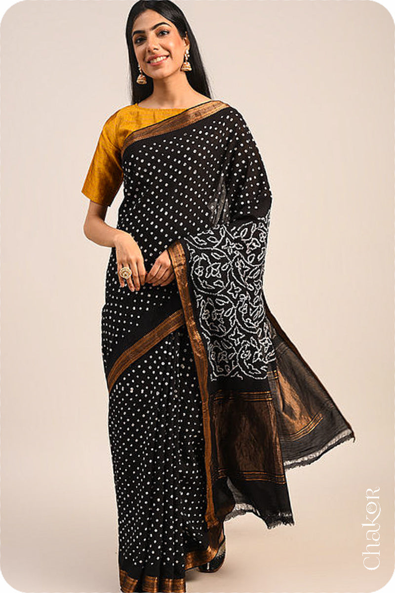 Black Traditional Bandhani Mangalgiri Cotton Saree with zari border and pallu by Chakor.