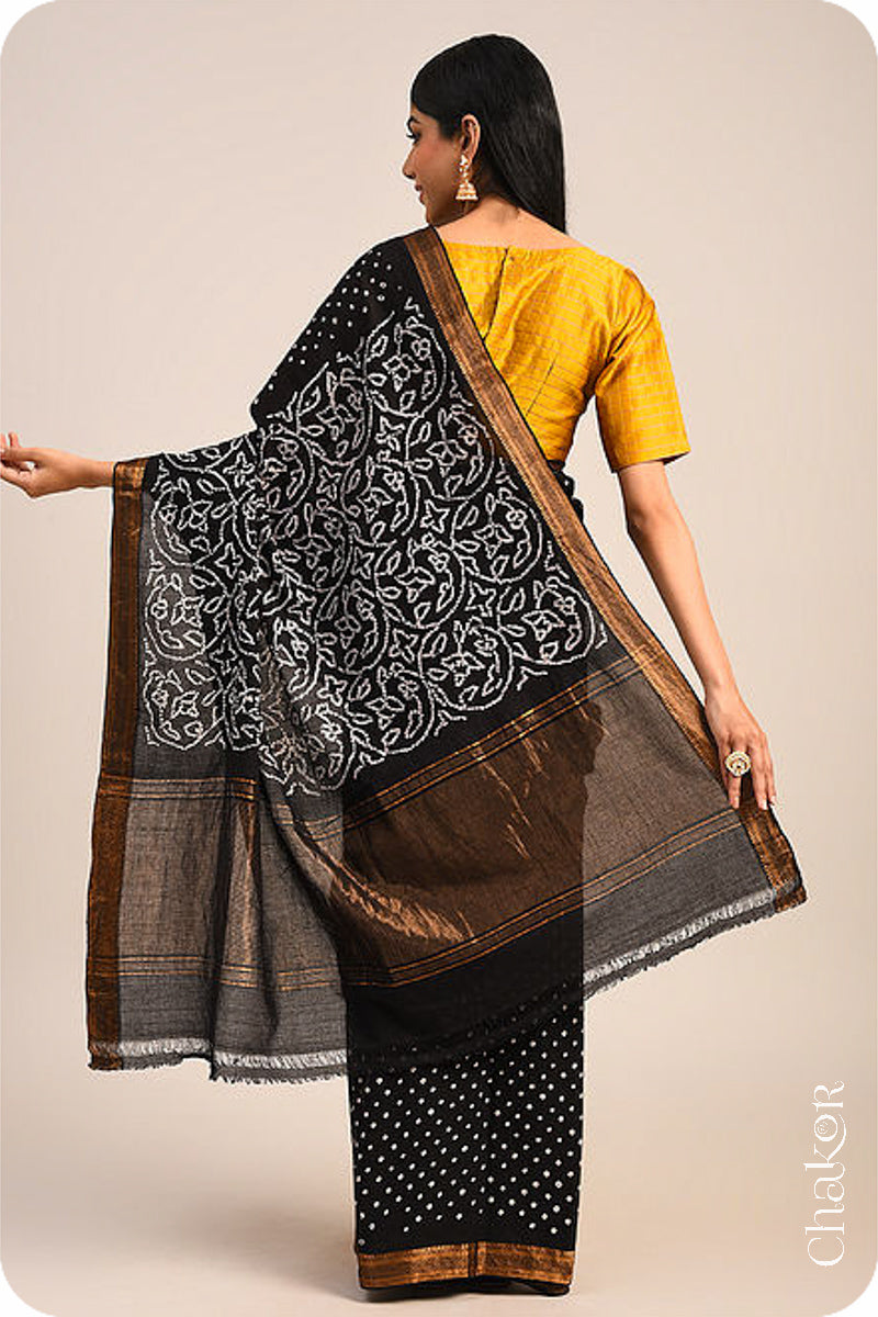 Black Traditional Bandhani Mangalgiri Cotton Saree with zari border and pallu by Chakor.