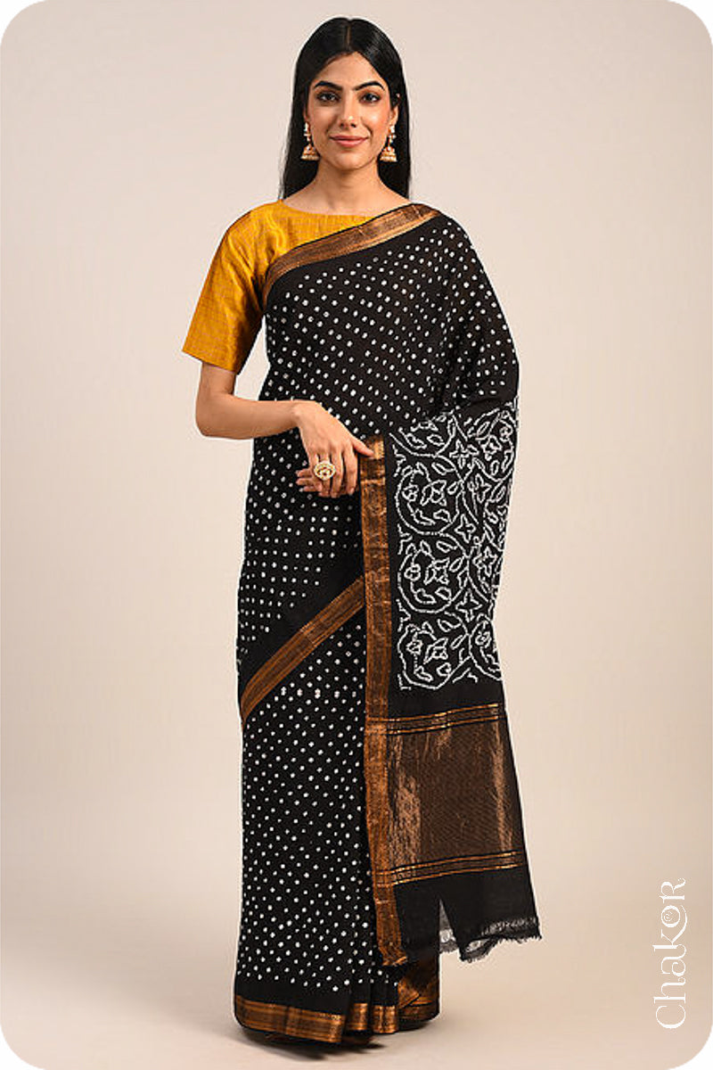 Black Traditional Bandhani Mangalgiri Cotton Saree with zari border and pallu by Chakor.