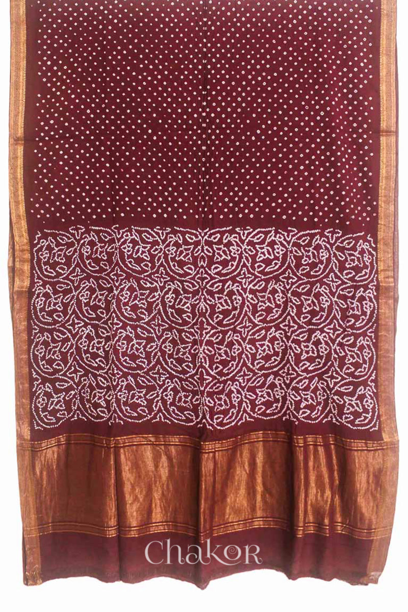 Maroon Traditional Bandhani Mangalgiri Cotton Saree with zari border and pallu by Chakor.