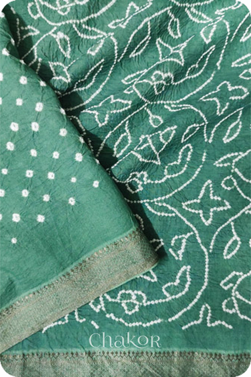 Moss Green Traditional Bandhani Mangalgiri Cotton Saree with zari border and pallu by Chakor.