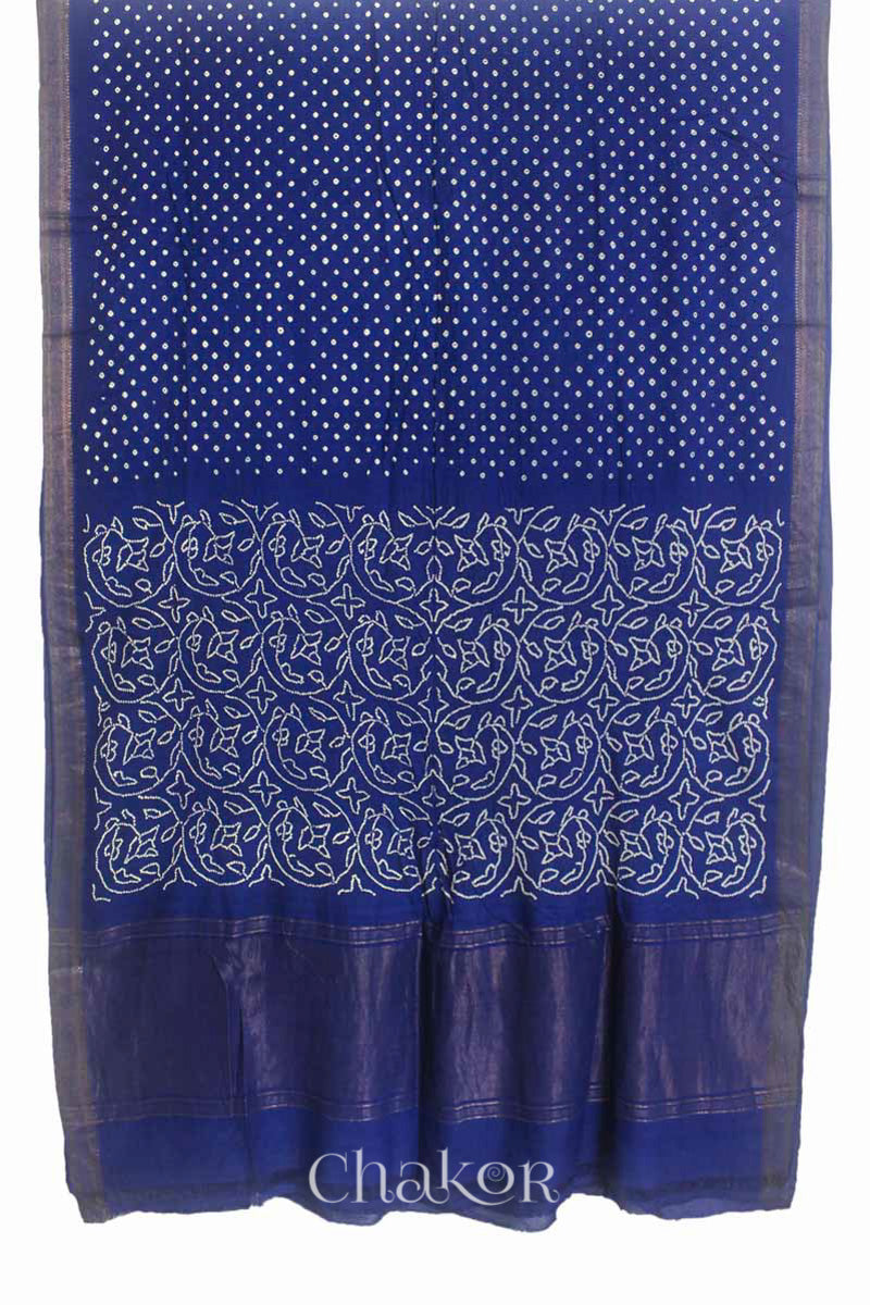 Navy Blue Traditional Bandhani Mangalgiri Cotton Saree with zari border and pallu by Chakor.