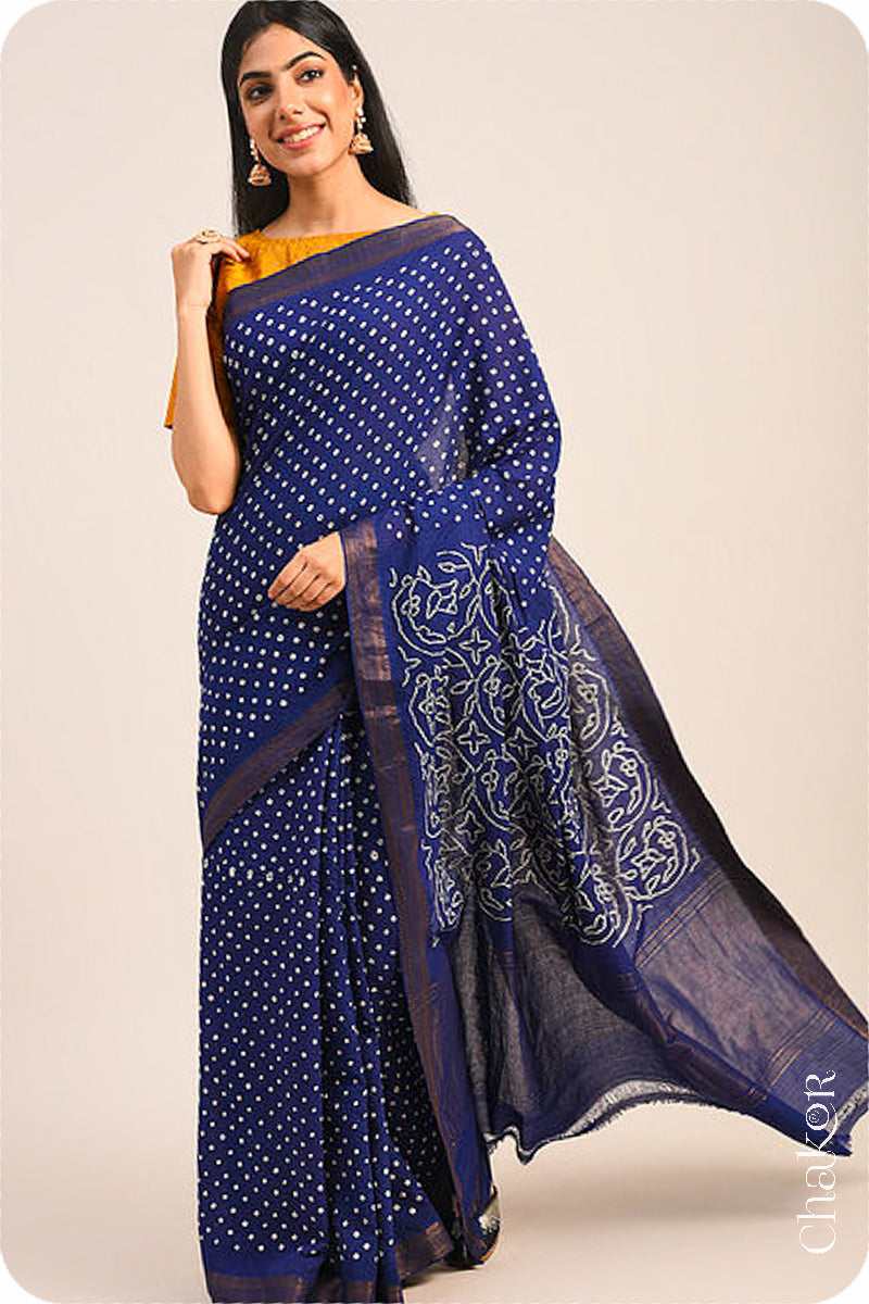 Navy Blue Traditional Bandhani Mangalgiri Cotton Saree with zari border and pallu by Chakor.