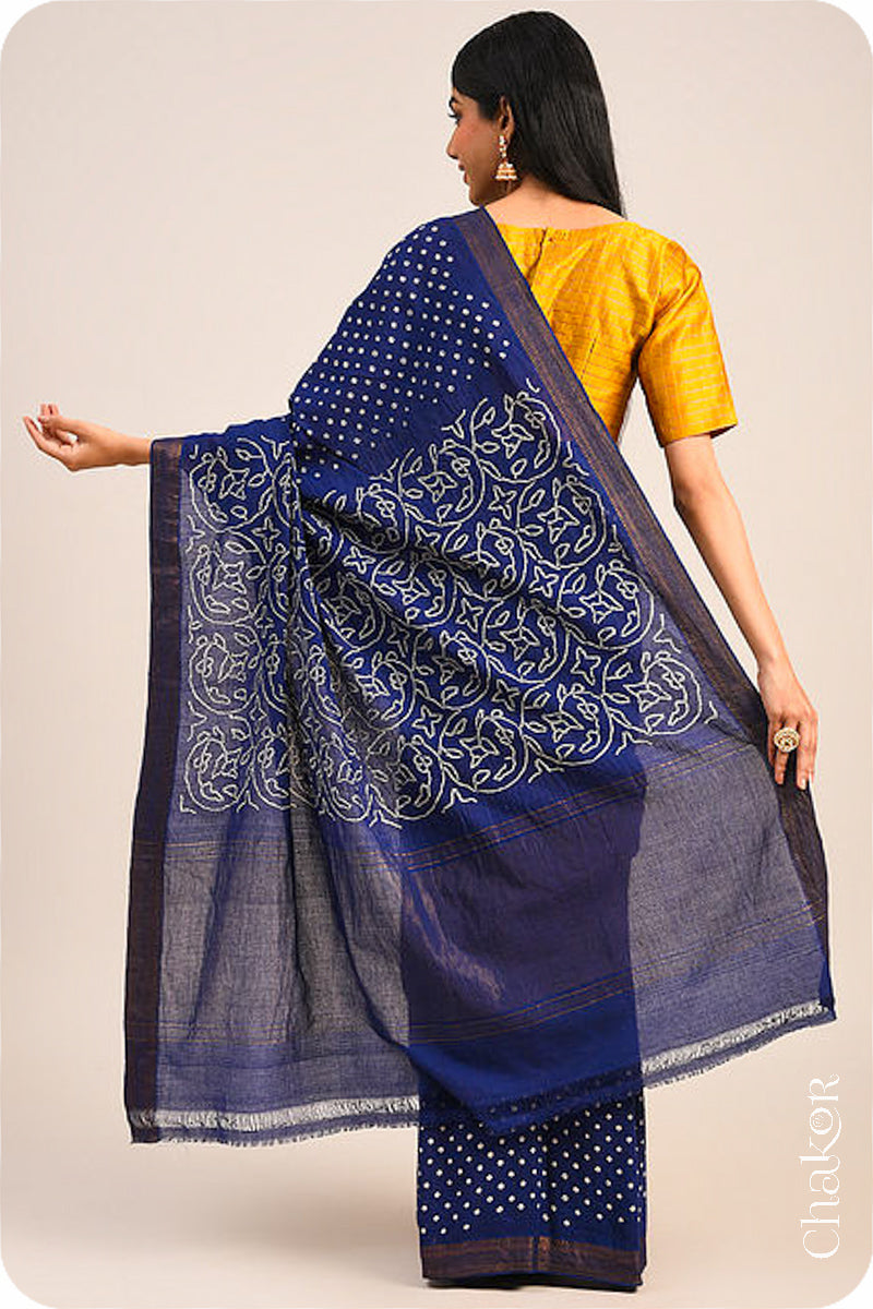 Navy Blue Traditional Bandhani Mangalgiri Cotton Saree with zari border and pallu by Chakor.