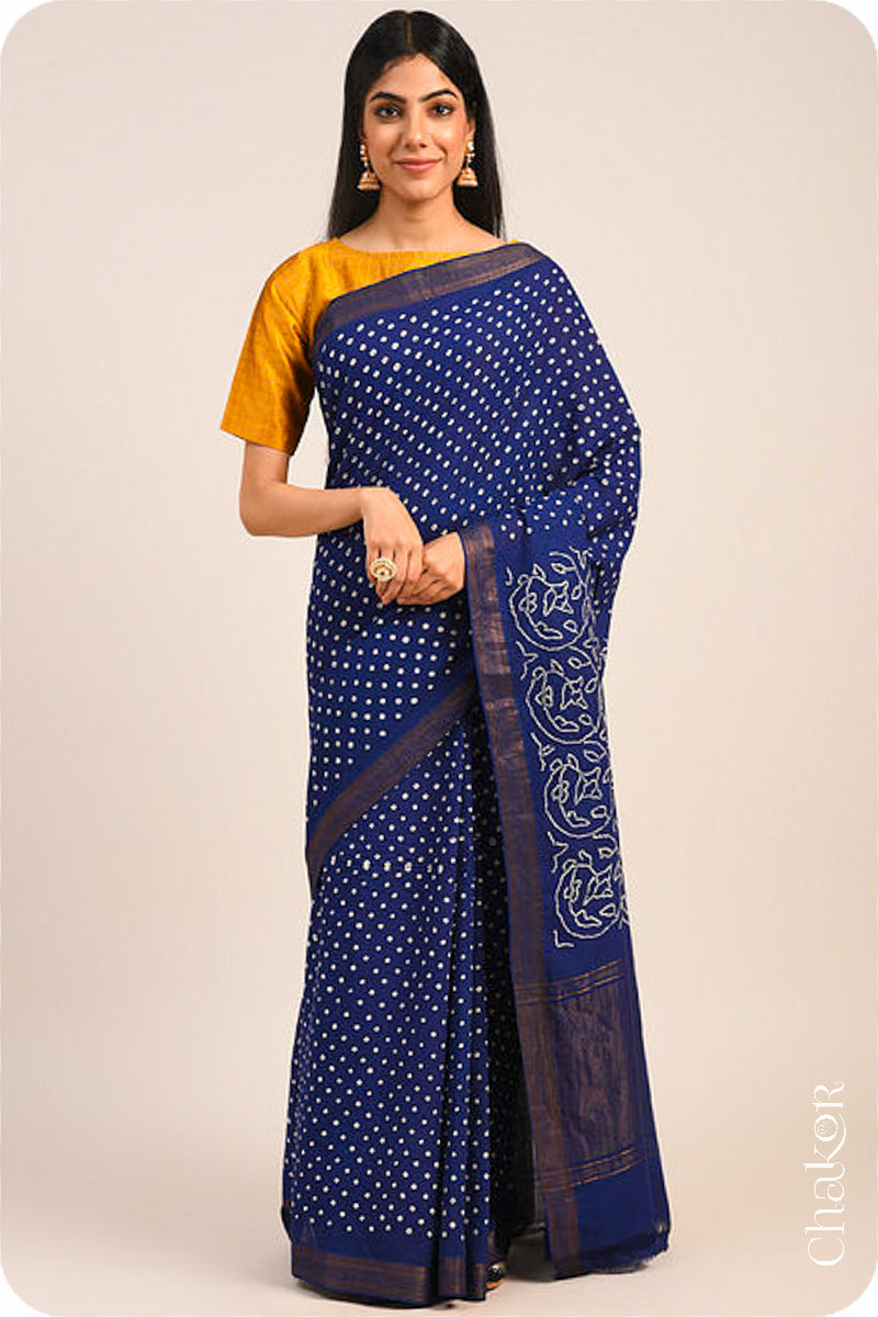 Navy Blue Traditional Bandhani Mangalgiri Cotton Saree with zari border and pallu by Chakor.