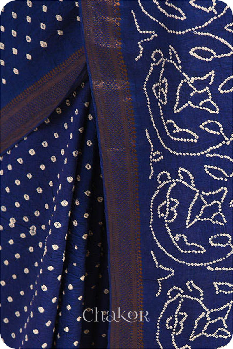 Navy Blue Traditional Bandhani Mangalgiri Cotton Saree with zari border and pallu by Chakor.