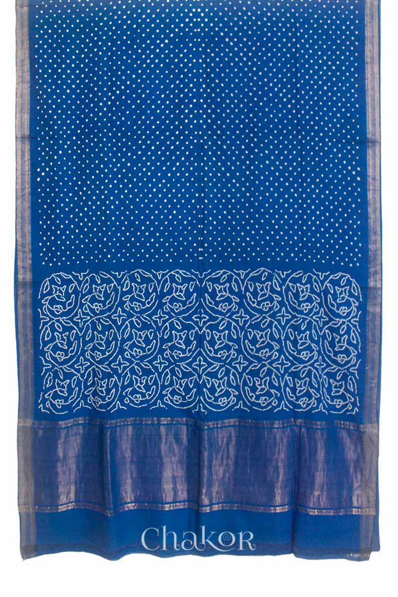 Indigo Blue Traditional Bandhani Mangalgiri Cotton Saree with zari border and pallu by Chakor.